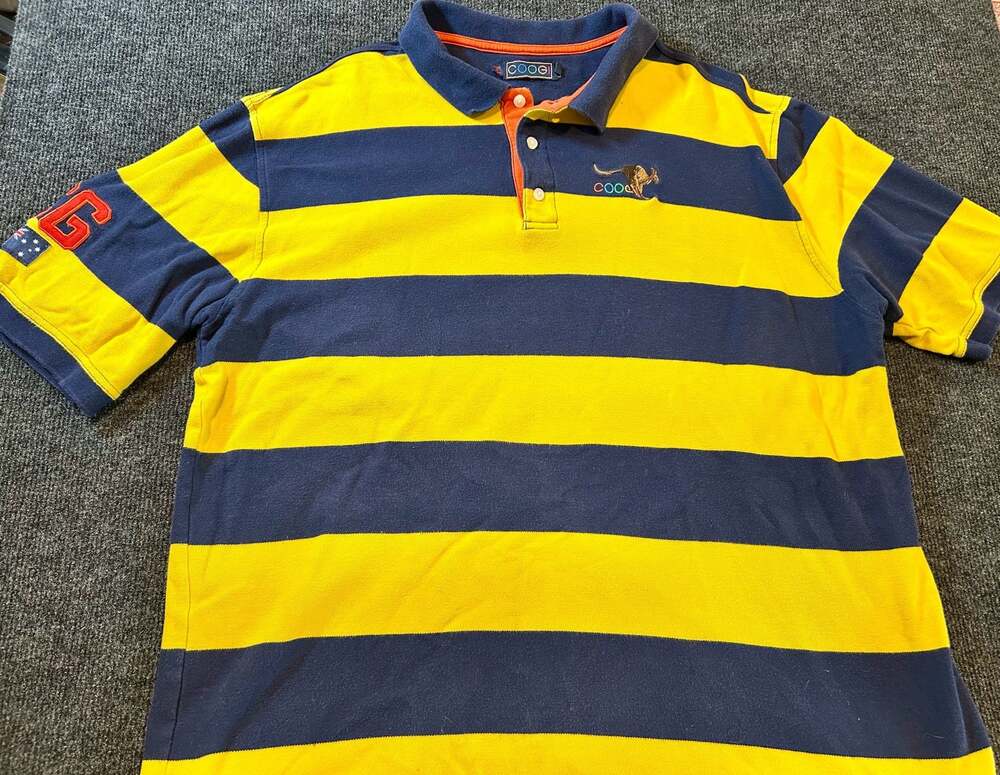 Coogi Australia Yellow and Navy Blue Striped Kangaroo Polo Shirt